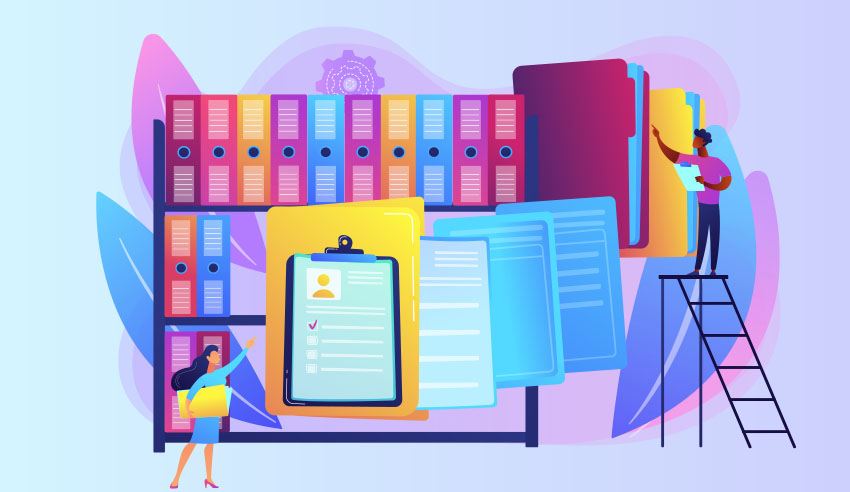 Stylized illustration of giant oversized shelves with file folders and binders. There is a woman in the bottom left holding a giant folder and a man on the right, standing on a ladder pointing to the files.
