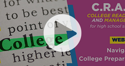 FAFSA video thumbnail featuring the word 'College' highlighted in a dictionary and a college readiness program banner.