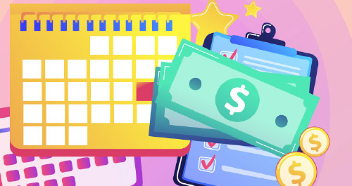 Illustration of a calendar, clipboard, cash, and coins, symbolizing financial planning and FAFSA deadlines.