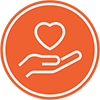 Icon of a hand holding a heart, symbolizing care, support, or community service.