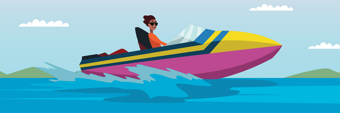 Person enjoying a high-speed ride on a colorful motorboat over a calm lake on a sunny day.