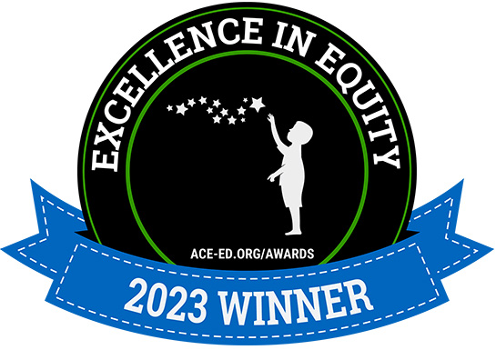 2023 Excellence in Equity winner emblem with a child silhouette reaching for stars and ACE-ED.ORG/AWARDS URL.