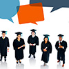 FinAid Thumb - Group of diverse graduates in caps and gowns holding diplomas, with speech bubbles in the background.