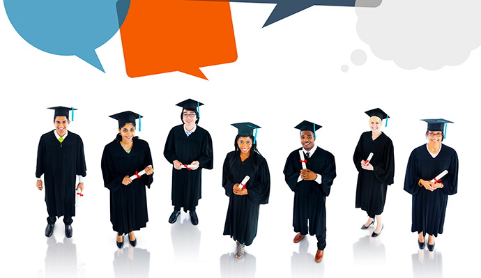 Group of diverse graduates in caps and gowns holding diplomas, with speech bubbles in the background.