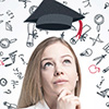 Thoughtful student looking up at a floating graduation cap with educational doodles in the background.