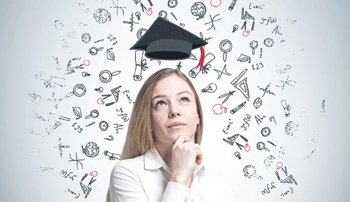 Thoughtful student looking up at a floating graduation cap with educational doodles in the background.