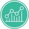 Green circular icon featuring a line graph and bar chart, representing data analysis or growth tracking.