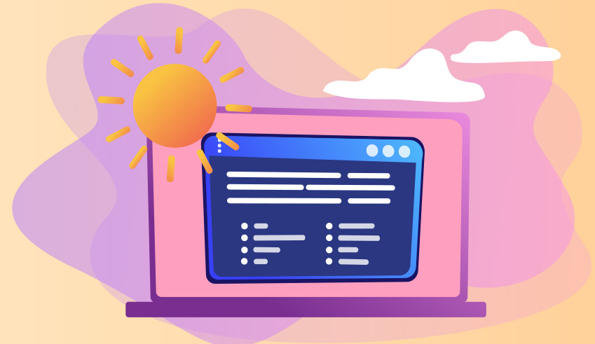 Illustration of laptop with sun and clouds background