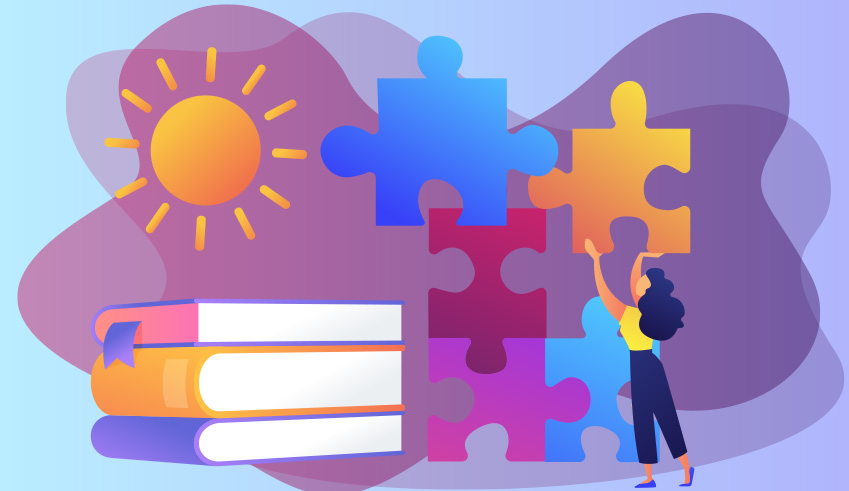 Illustration of a person arranging colorful puzzle pieces near a stack of books and a sun