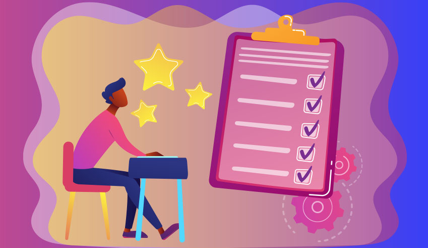 Illustration of a person sitting at a desk with stars and a large checklist on a clipboard